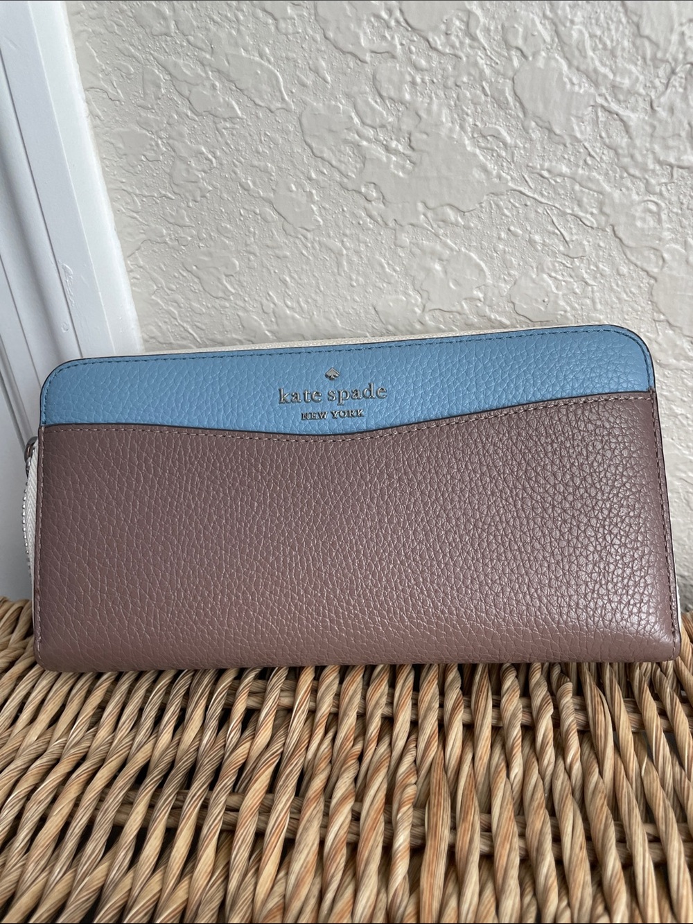 kate spade Two-Tone Leather Zip Wallet in Light Blue & Taupe
